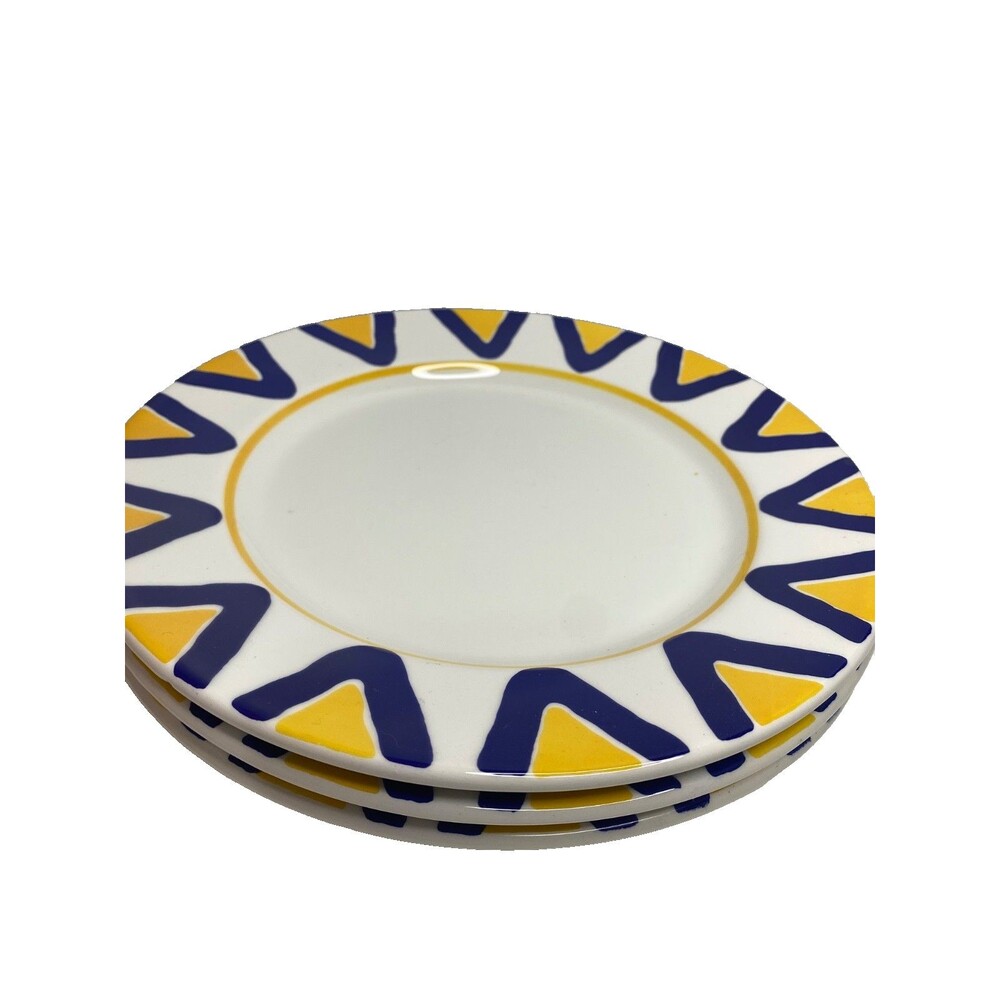 Rare 3 PCs Lillian Vernon Italian Mid-Century Blue Yellow Geometric Dinner Plate